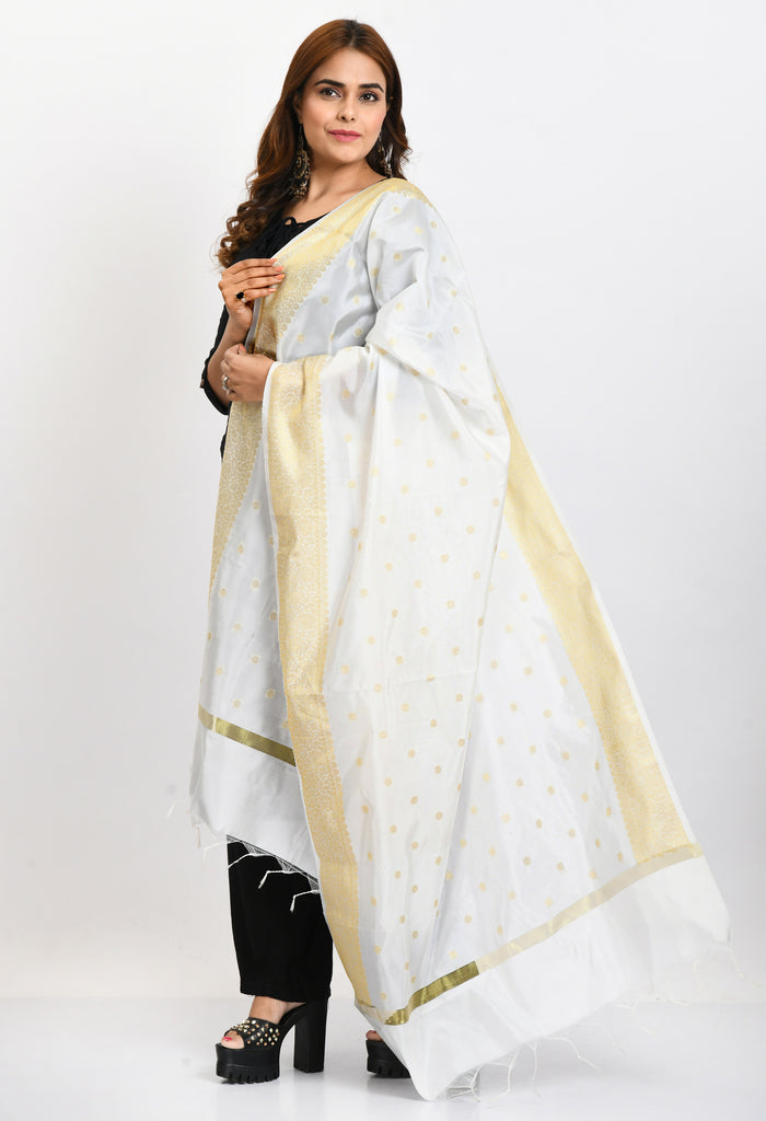 Women's Banarsi Silk Woven Design White Dupatta
