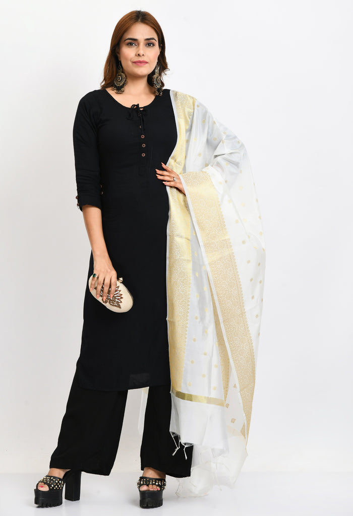 Women's Banarsi Silk Woven Design White Dupatta