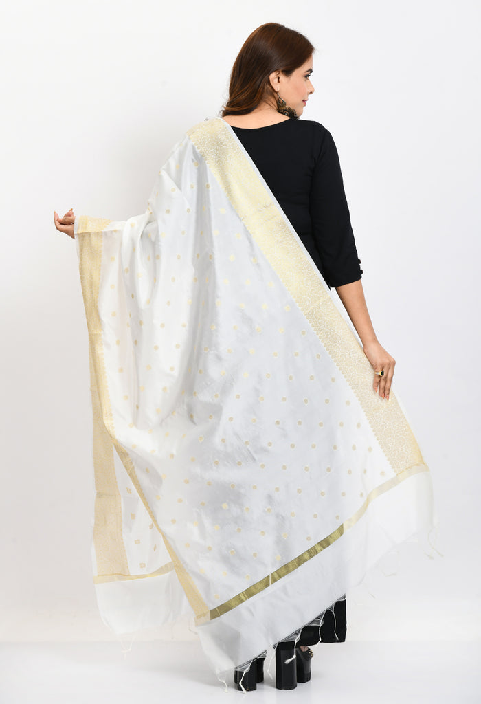 Women's Banarsi Silk Woven Design White Dupatta