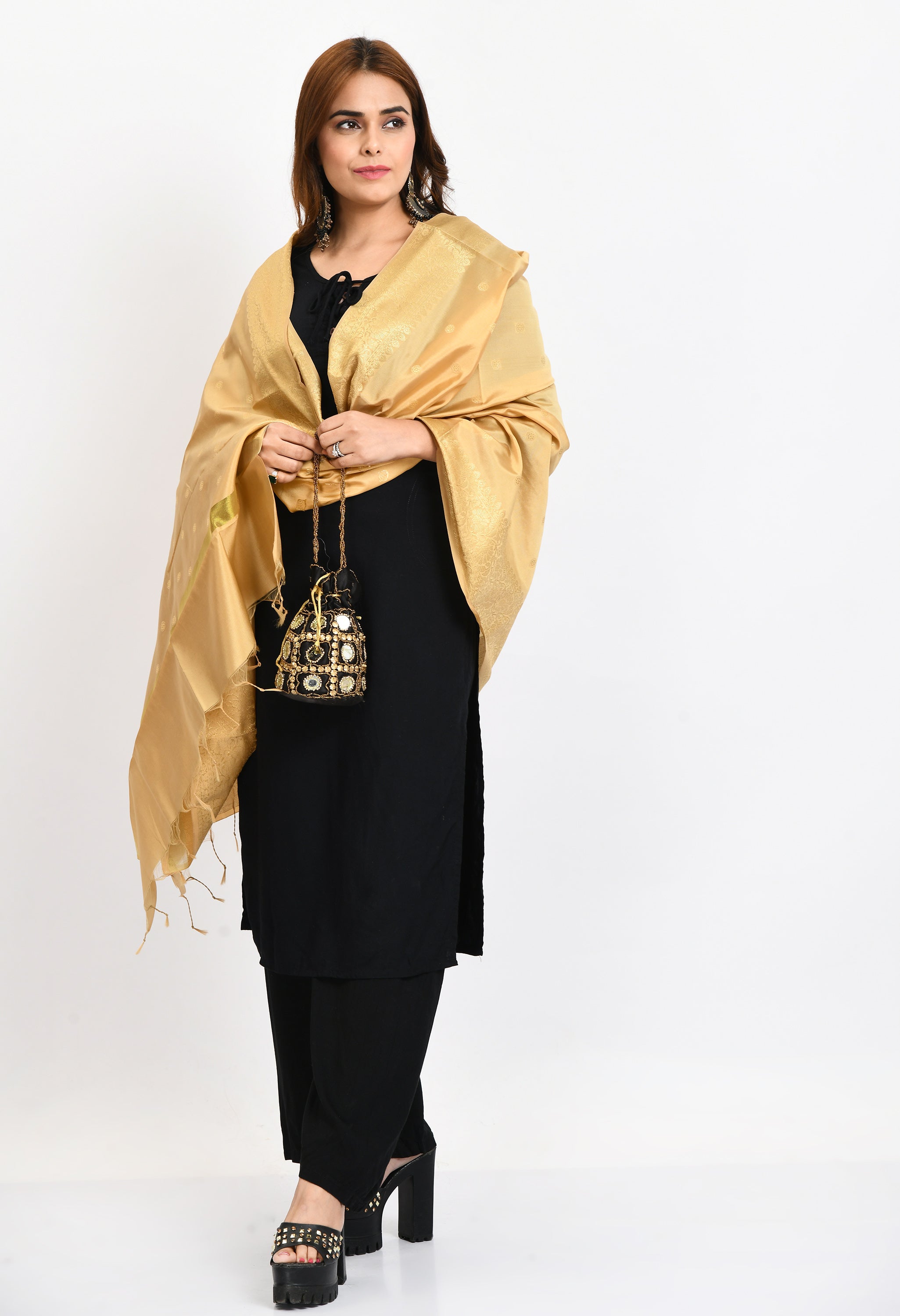 Women's Banarsi Silk Woven Design Golden Dupatta - Moeza