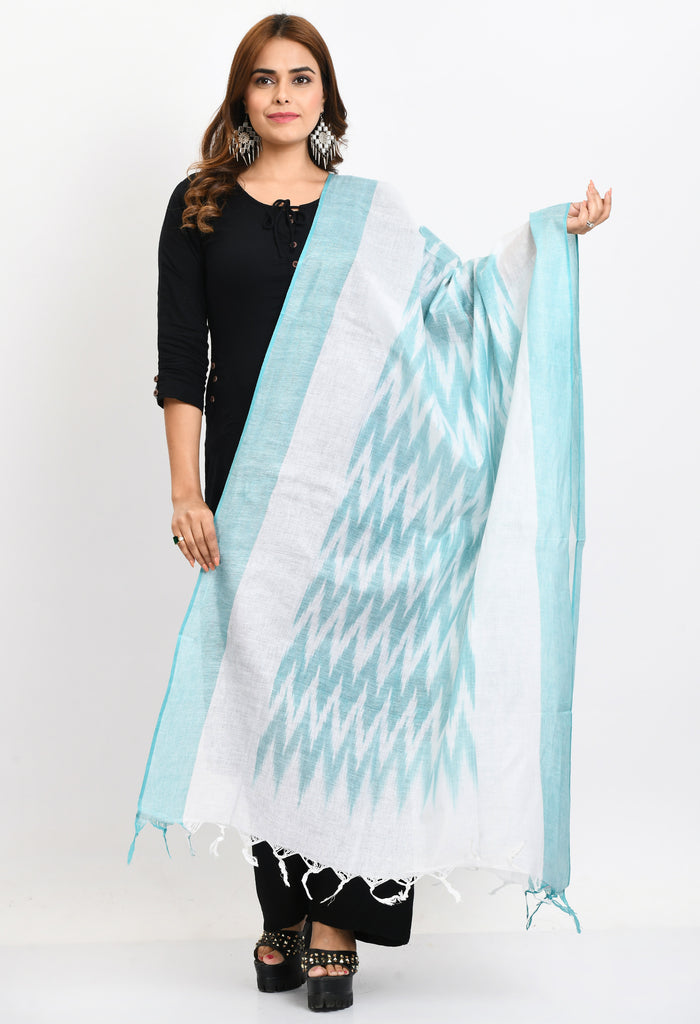 Women's Handloom Cotton Ikkat Sea Green Dupatta