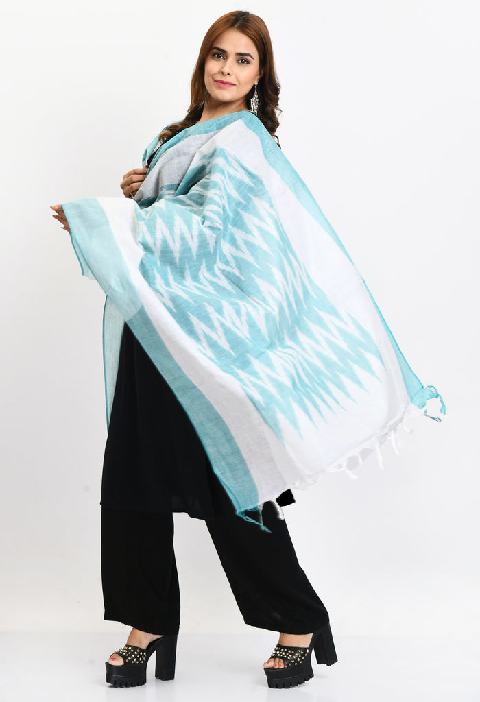Women's Handloom Cotton Ikkat Sea Green Dupatta