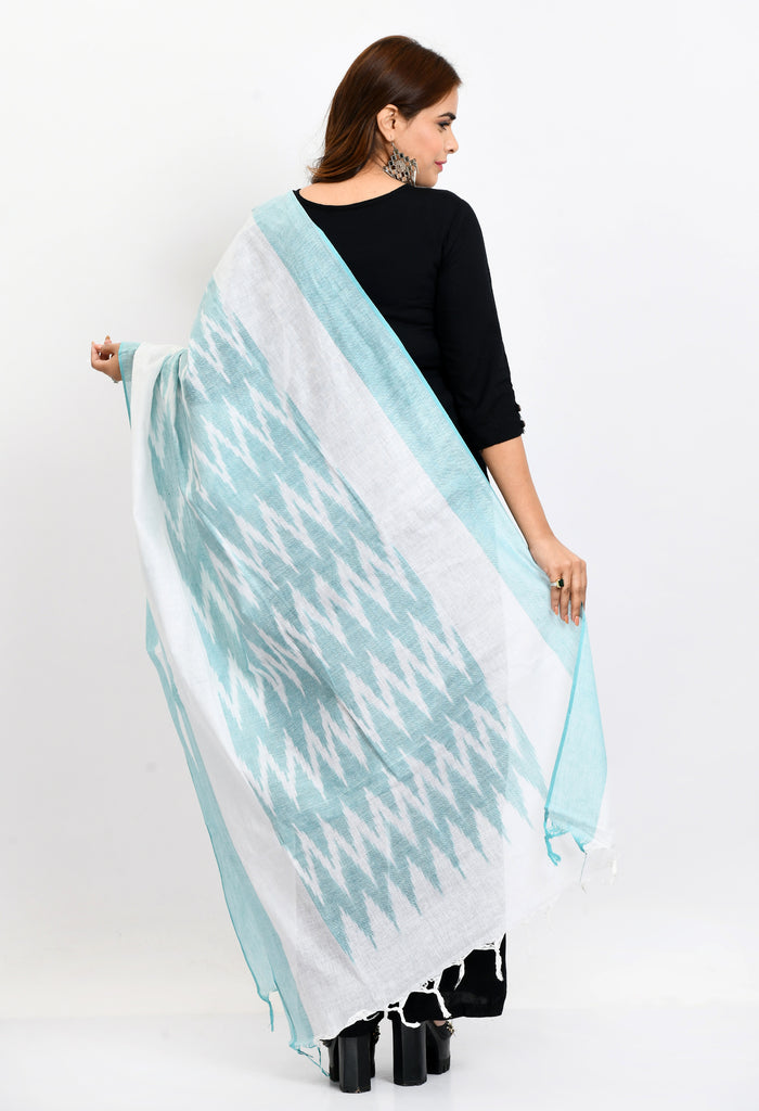 Women's Handloom Cotton Ikkat Sea Green Dupatta