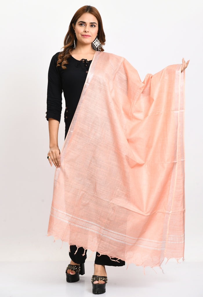 Women's Linen Cotton Silver Border Peach Dupatta