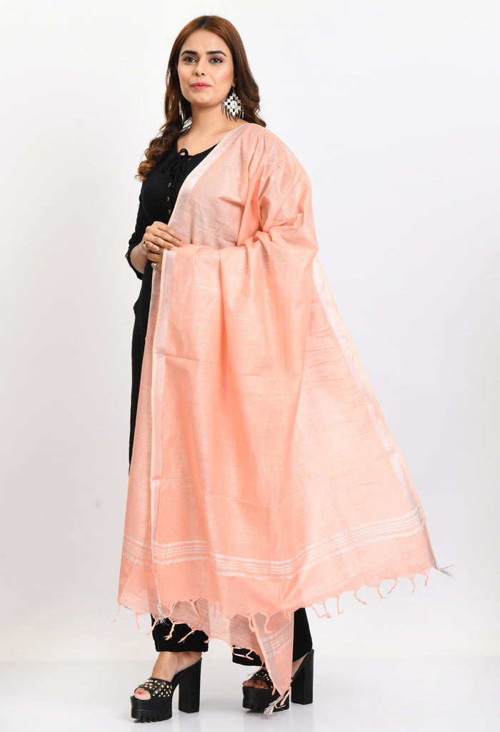 Women's Linen Cotton Silver Border Peach Dupatta