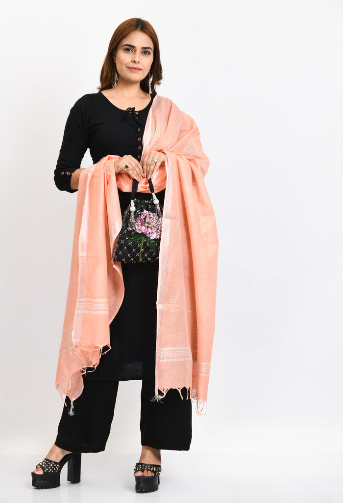 Women's Linen Cotton Silver Border Peach Dupatta