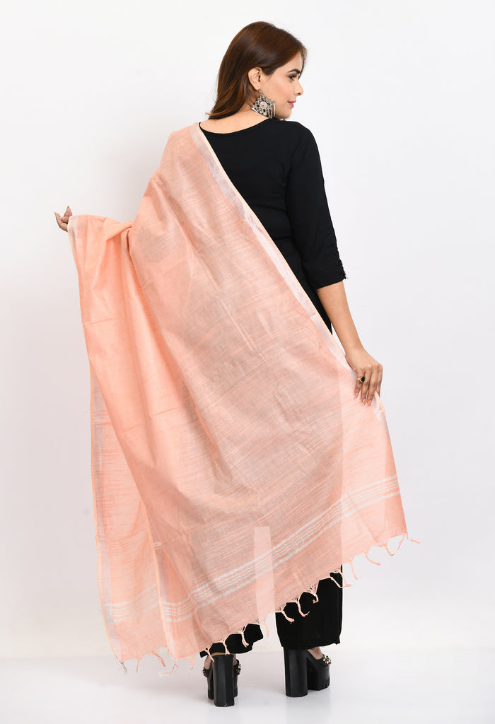 Women's Linen Cotton Silver Border Peach Dupatta