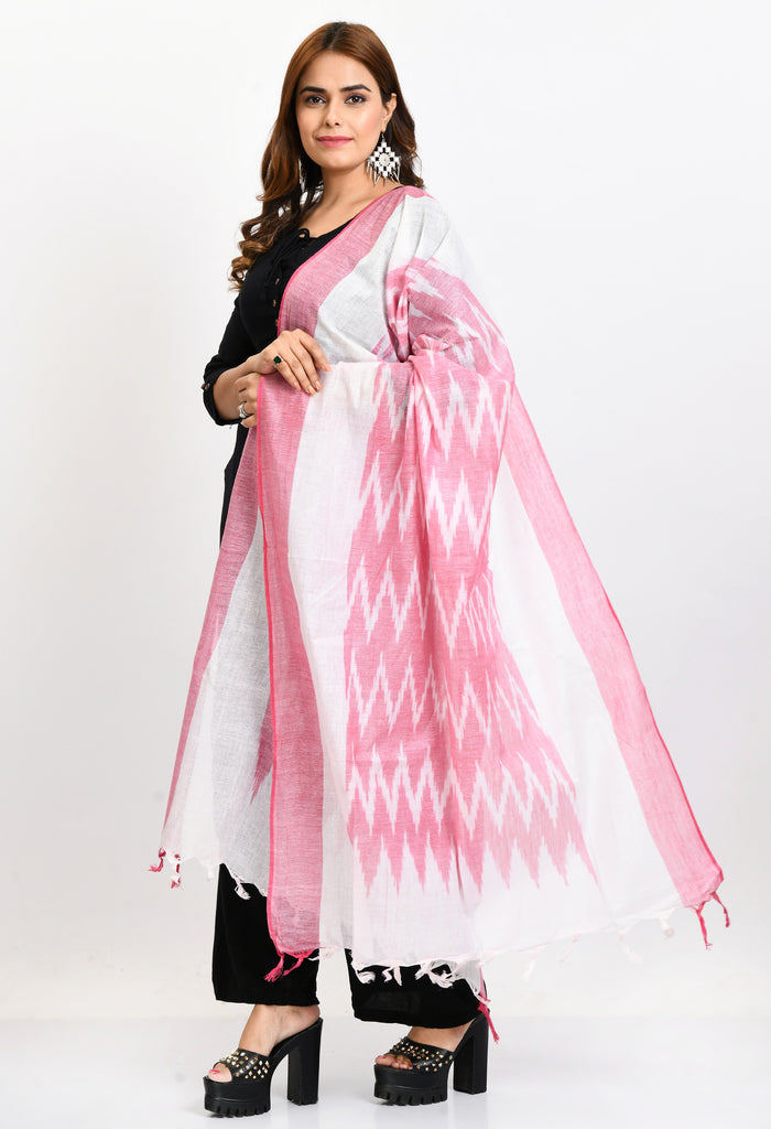 Women's Handloom Cotton Ikkat Baby Pink Dupatta