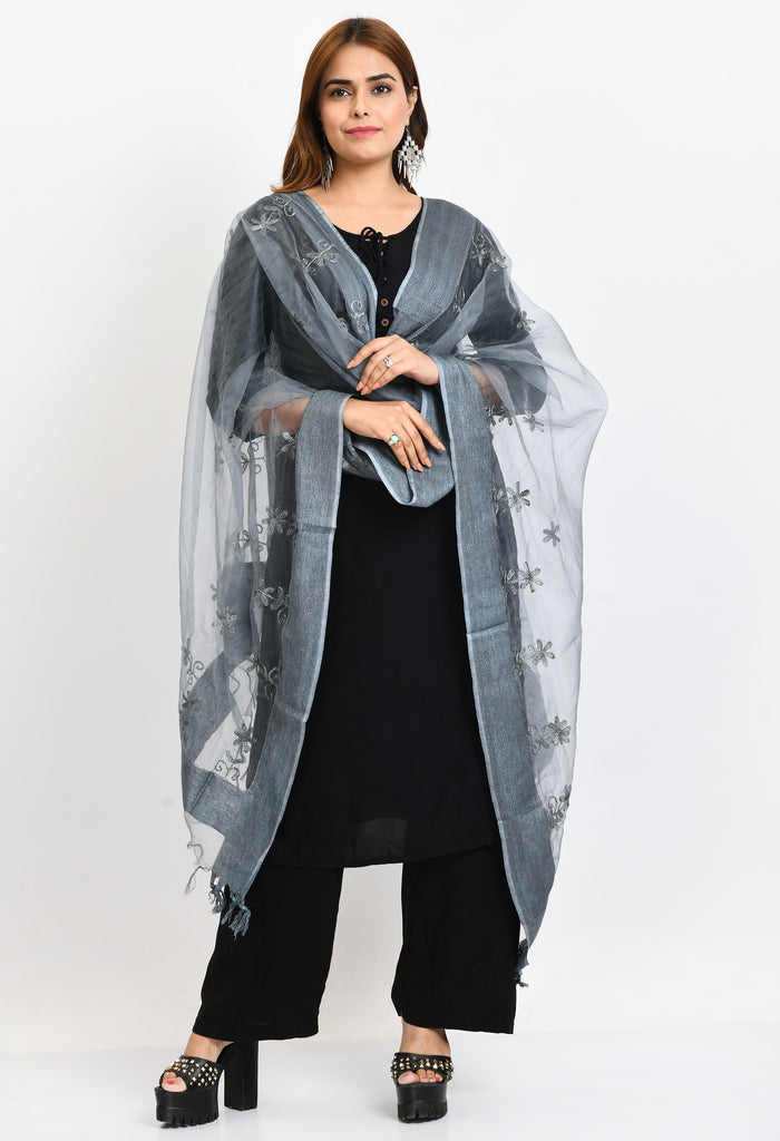 Women's Orgenza All Over Chikan Work Grey Dupatta