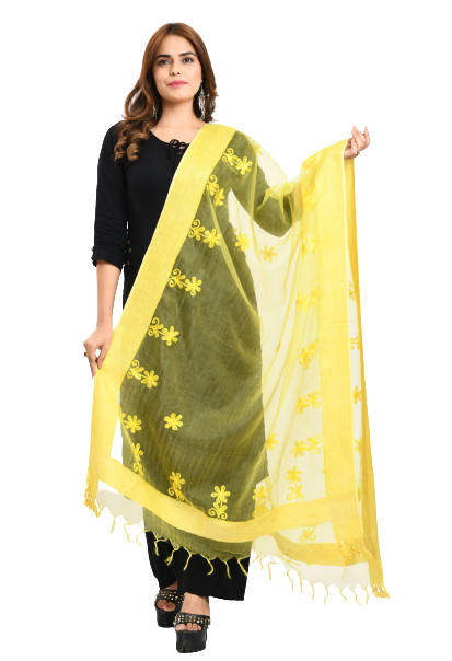 Women's Orgenza All Over Chikan Work Lemon Yellow Dupatta