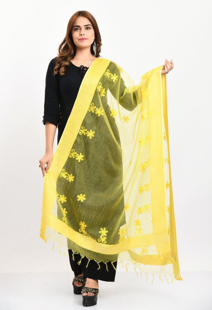 Women's Orgenza All Over Chikan Work Lemon Yellow Dupatta