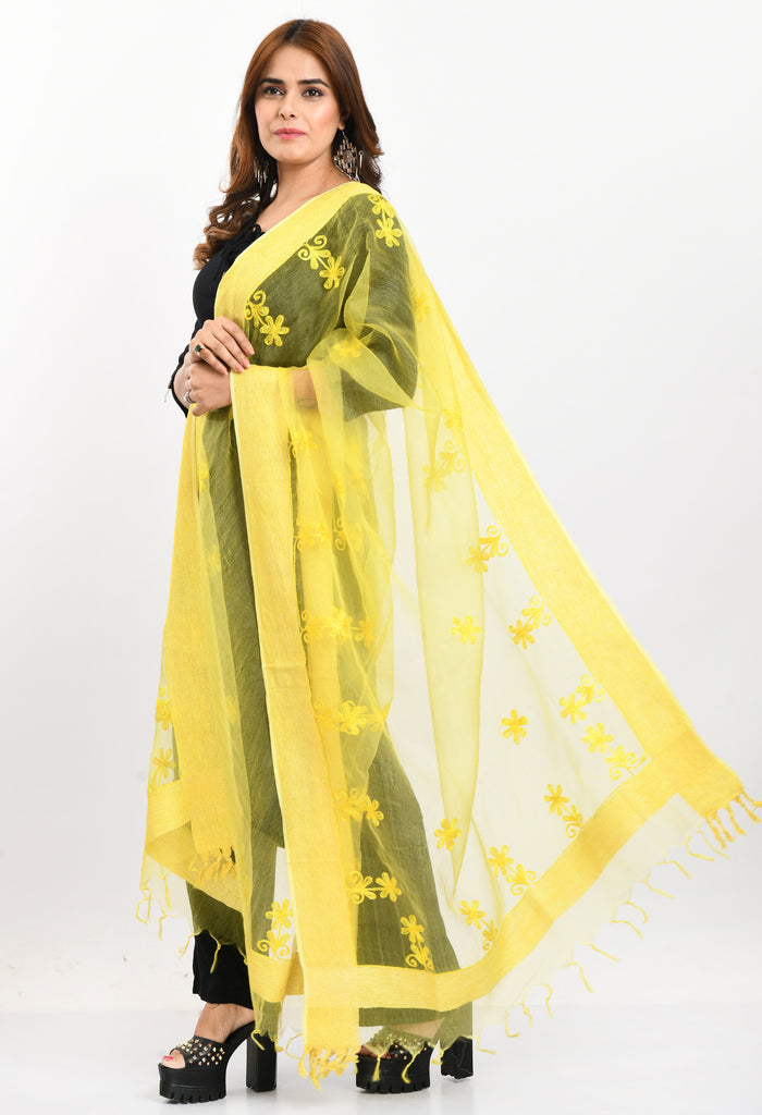 Women's Orgenza All Over Chikan Work Lemon Yellow Dupatta