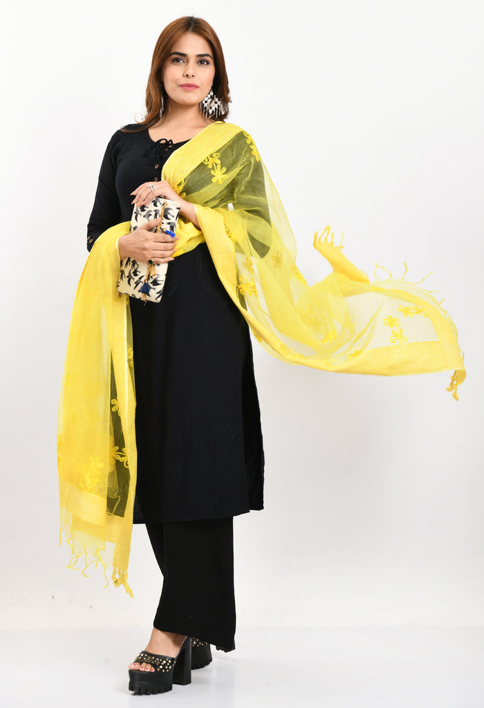 Women's Orgenza All Over Chikan Work Lemon Yellow Dupatta
