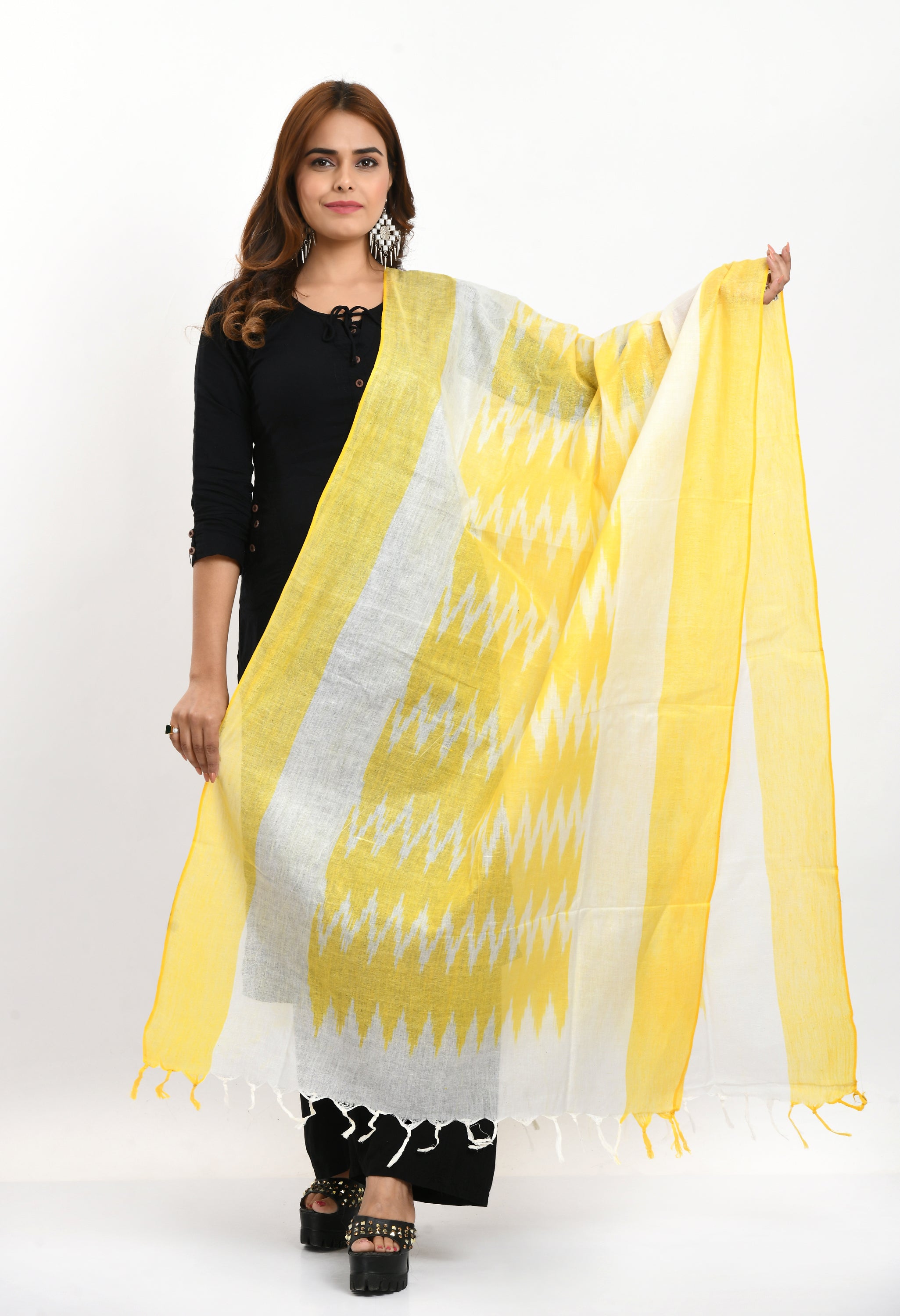 Women's Handloom Cotton Ikkat Yellow Dupatta - Moeza