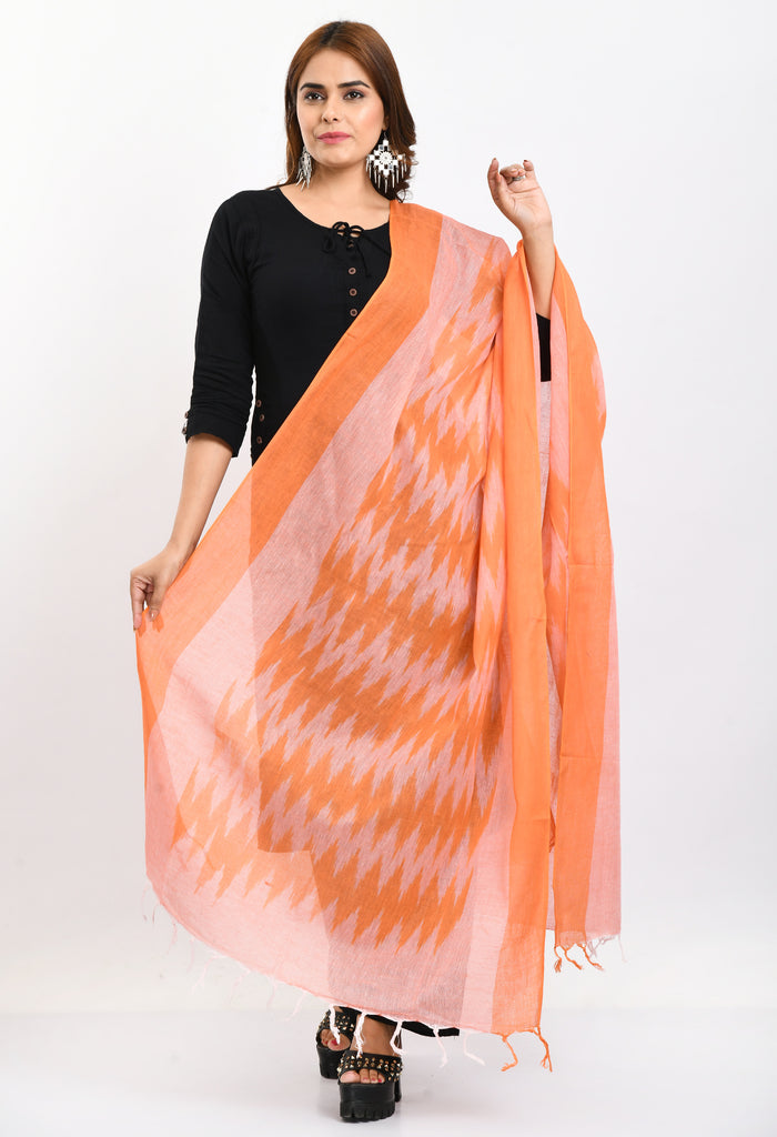 Women's Handloom Cotton Ikkat Orange Dupatta