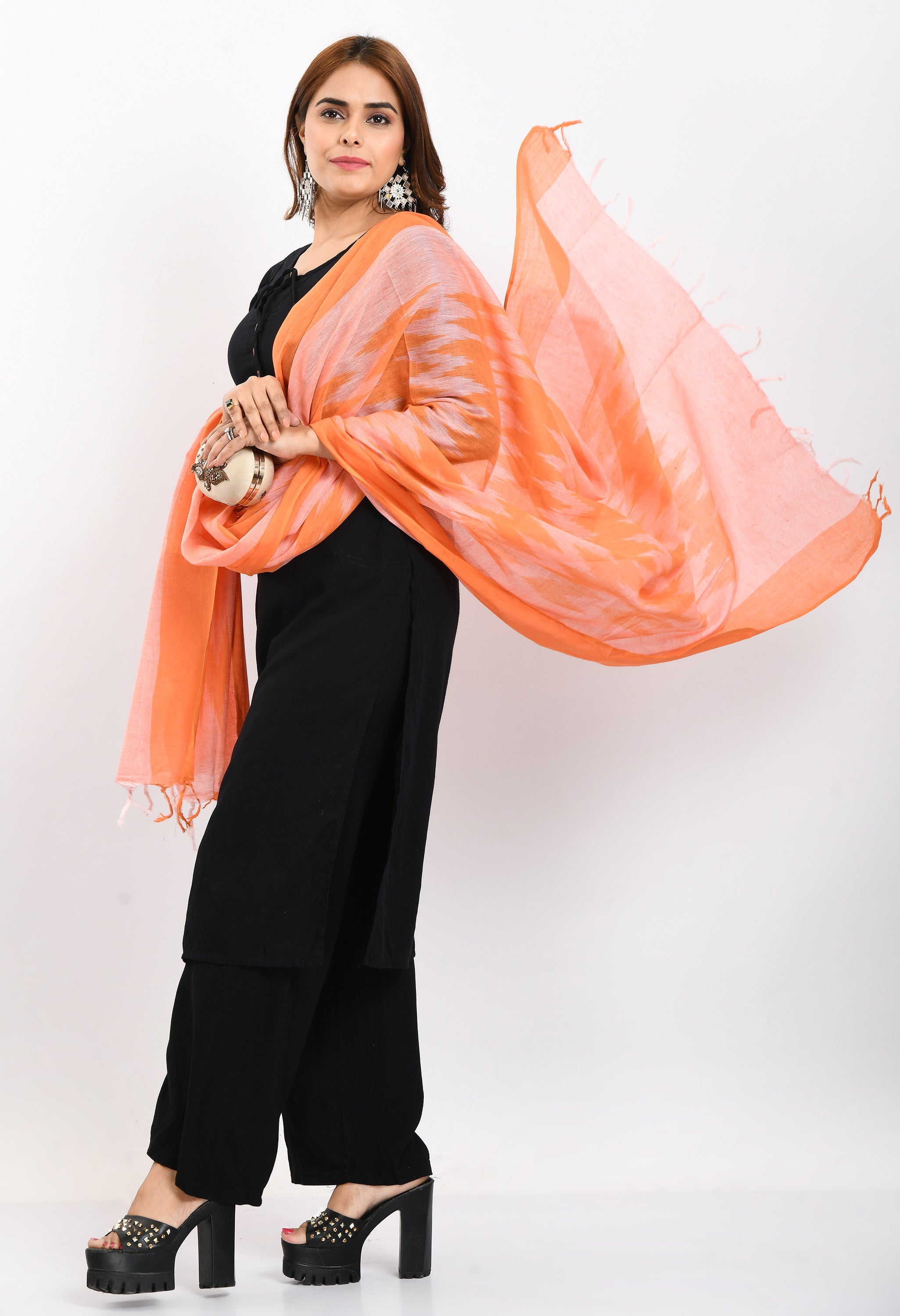 Women's Handloom Cotton Ikkat Orange Dupatta - Moeza
