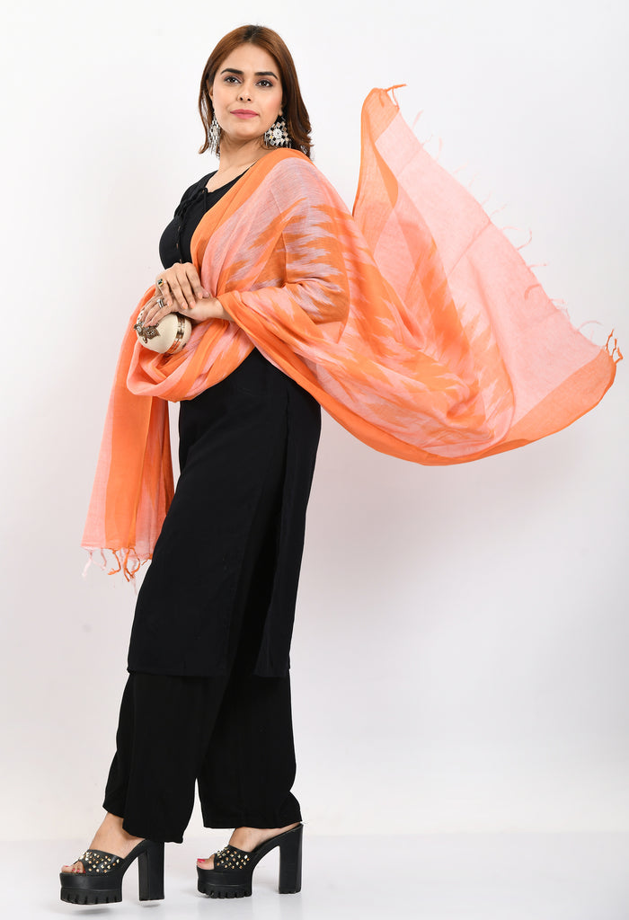 Women's Handloom Cotton Ikkat Orange Dupatta