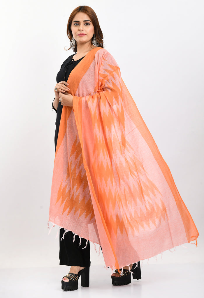 Women's Handloom Cotton Ikkat Orange Dupatta