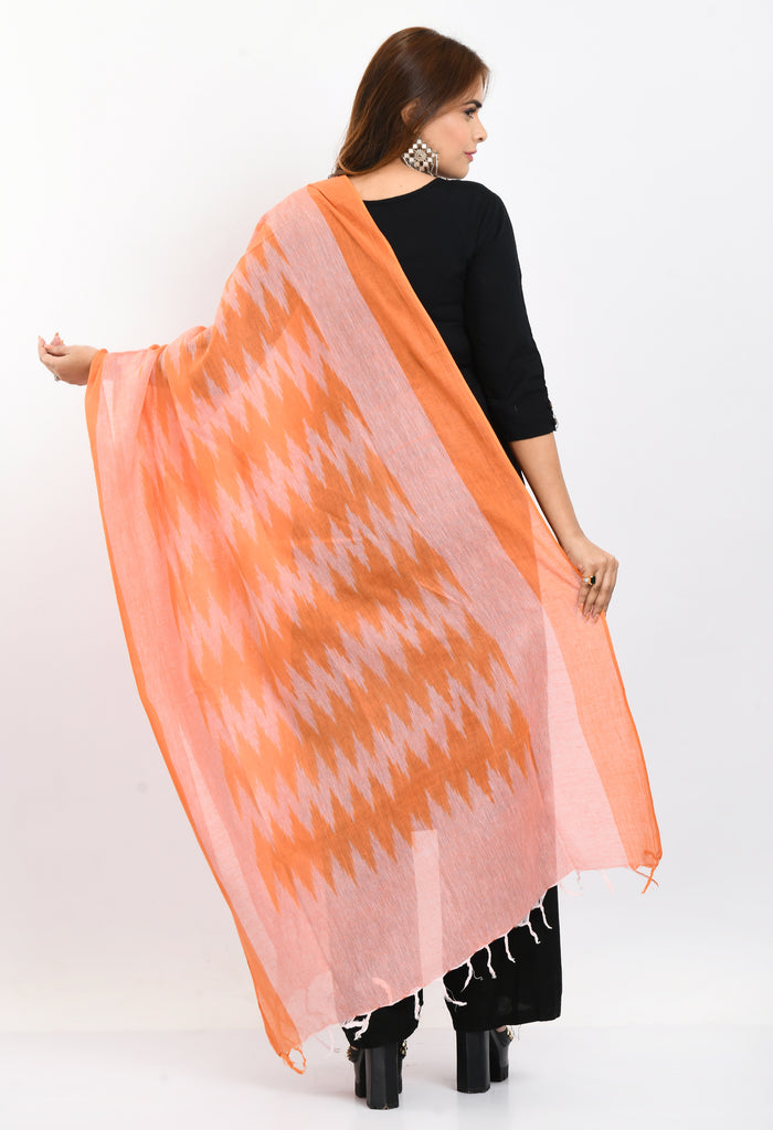 Women's Handloom Cotton Ikkat Orange Dupatta