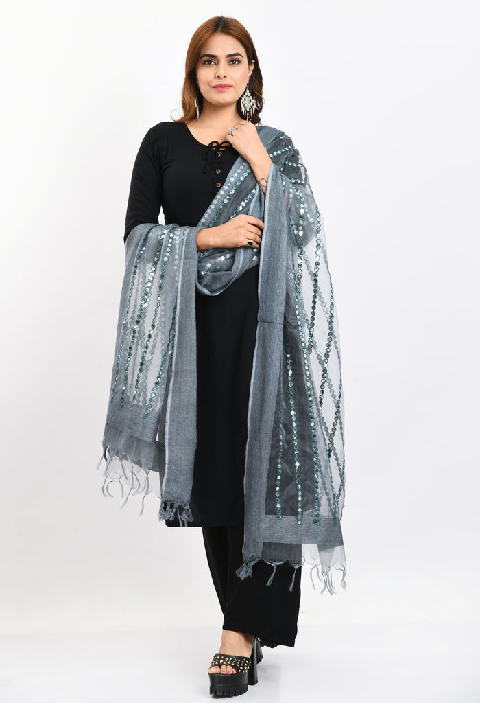 Women's Orgenza Mirror Stripe Thread Work Grey Dupatta