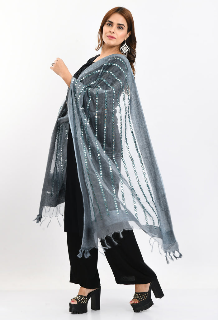 Women's Orgenza Mirror Stripe Thread Work Grey Dupatta
