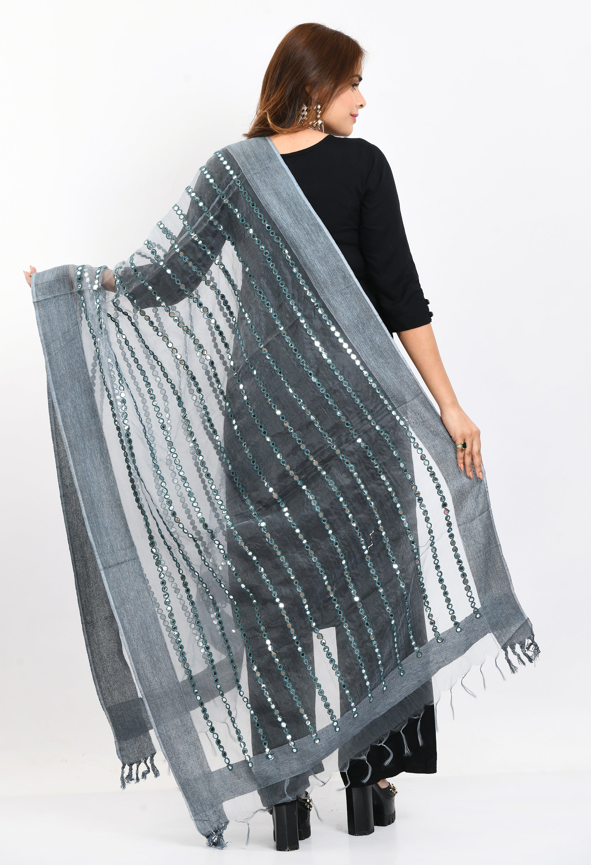 Women's Orgenza Mirror Stripe Thread Work Grey Dupatta - Moeza