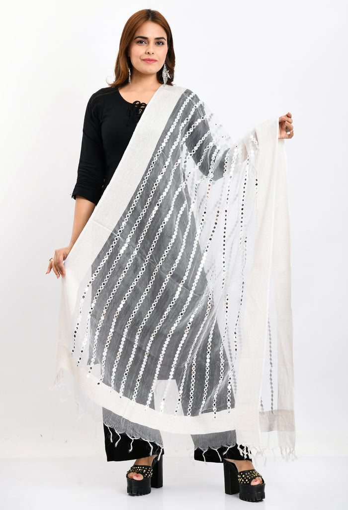 Women's Orgenza Mirror Stripe Thread Work White Dupatta
