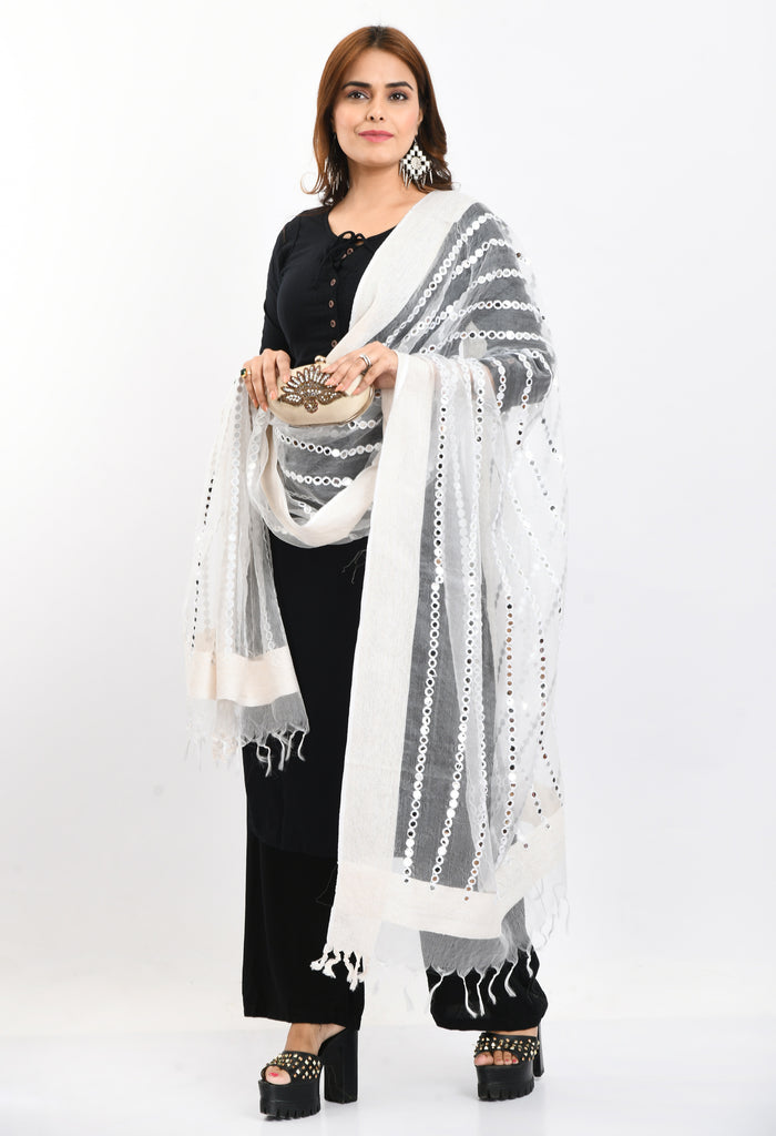 Women's Orgenza Mirror Stripe Thread Work White Dupatta