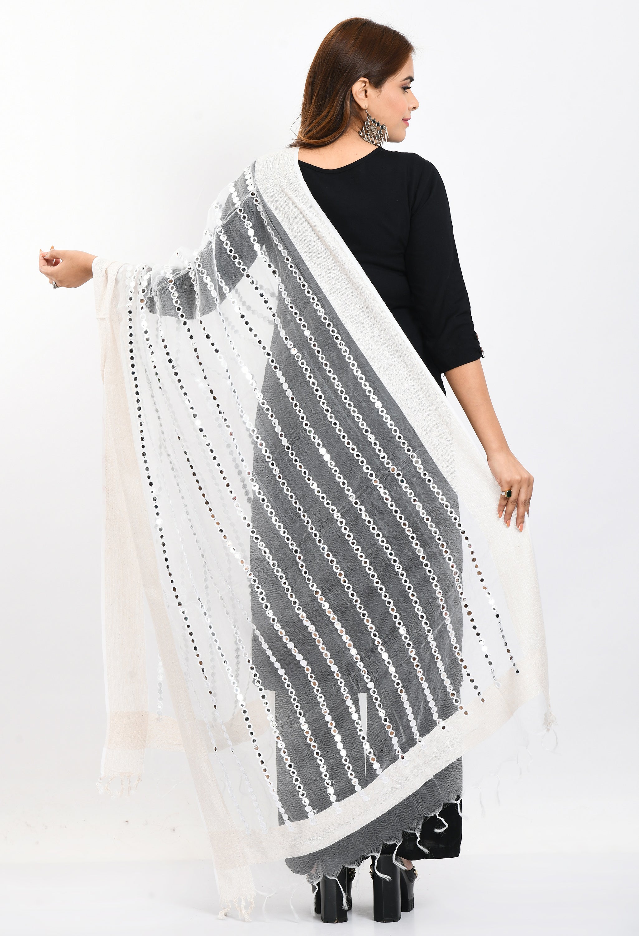 Women's Orgenza Mirror Stripe Thread Work White Dupatta - Moeza