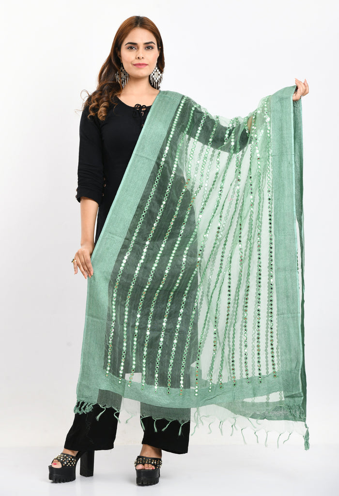 Women's Orgenza Mirror Stripe Thread Work Pista Green Dupatta