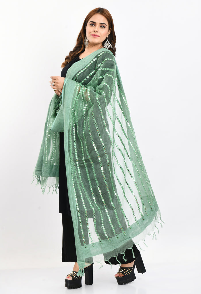 Women's Orgenza Mirror Stripe Thread Work Pista Green Dupatta