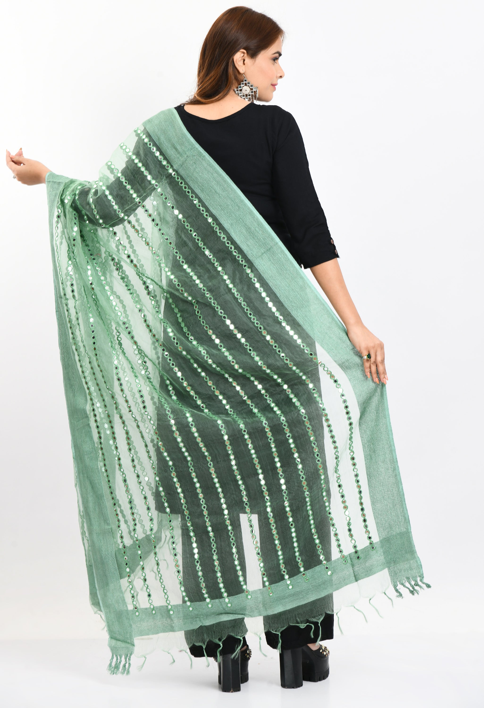 Women's Orgenza Mirror Stripe Thread Work Pista Green Dupatta - Moeza