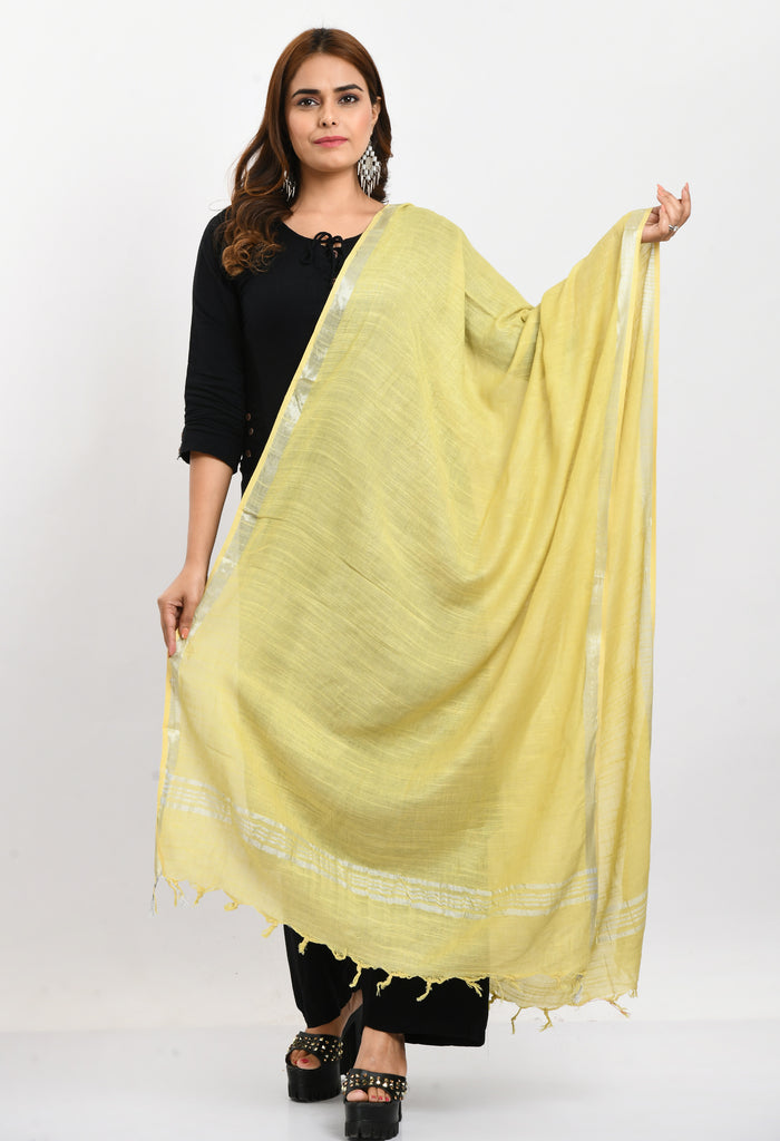 Women's Linen Cotton Silver Border Lemon Yellow Dupatta