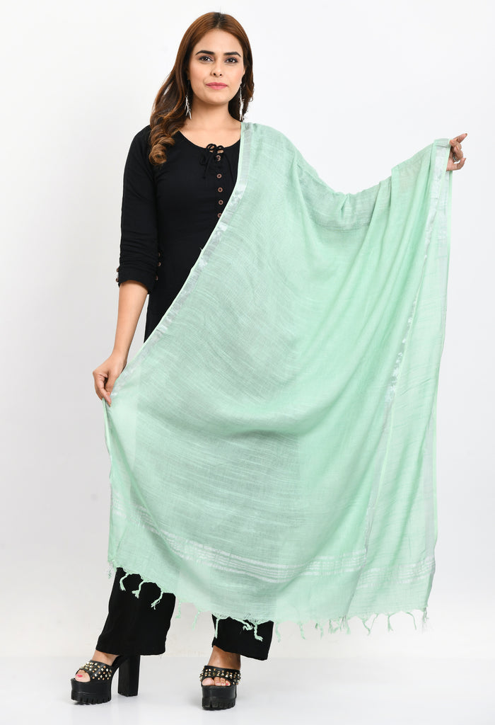 Women's Linen Cotton Silver Border Pista Green Dupatta