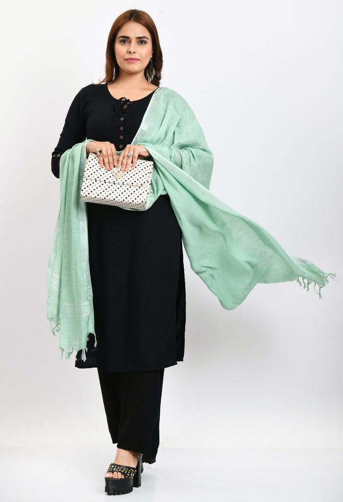 Women's Linen Cotton Silver Border Pista Green Dupatta