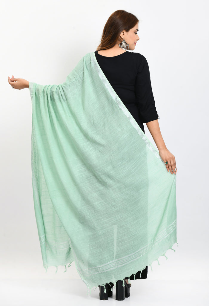 Women's Linen Cotton Silver Border Pista Green Dupatta