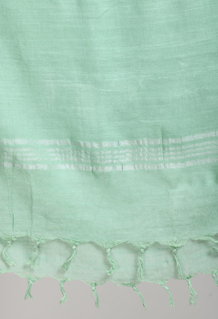 Women's Linen Cotton Silver Border Pista Green Dupatta