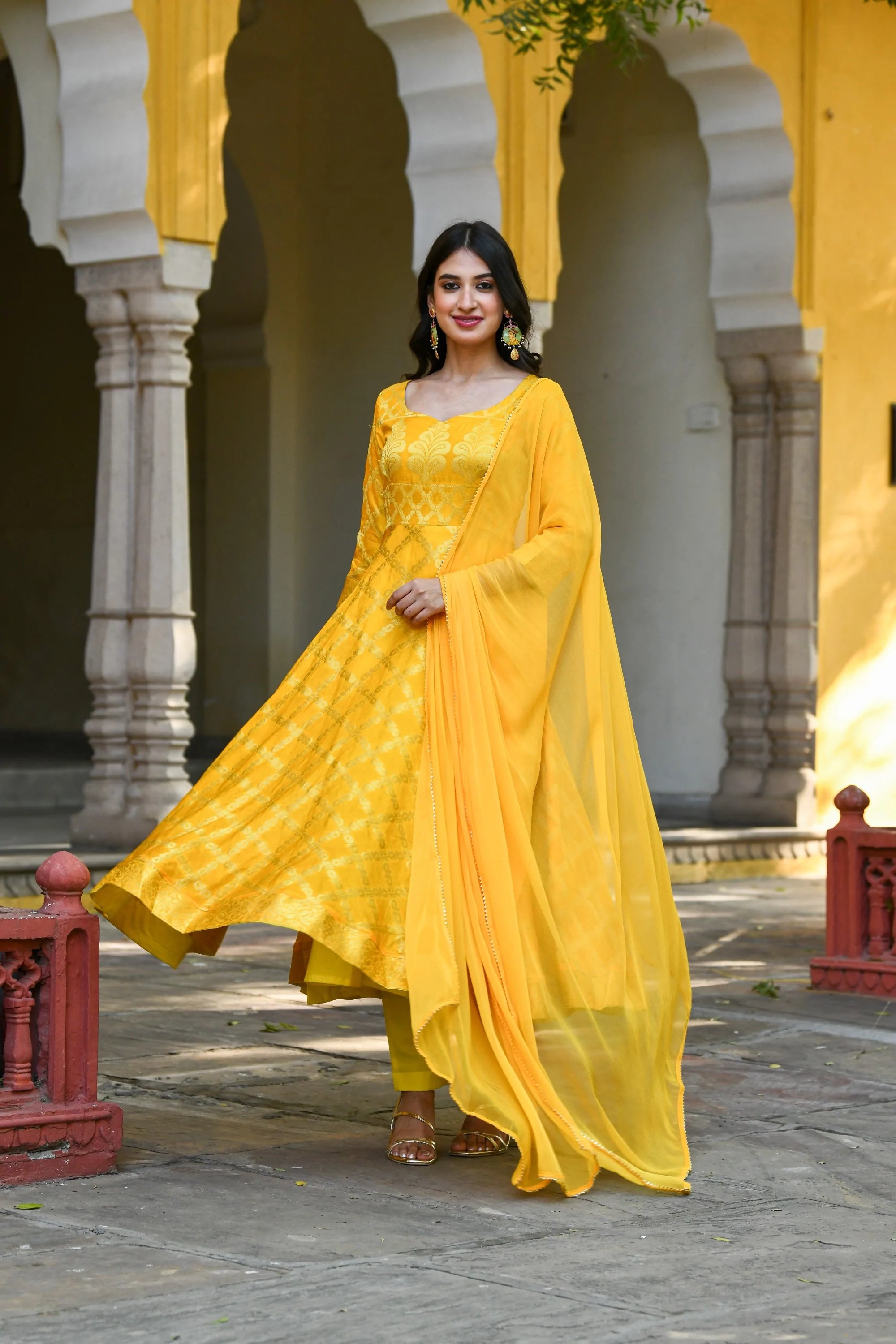 Women's Yellow Anarkali Suit Set- (3Pcs) - Saras The Label