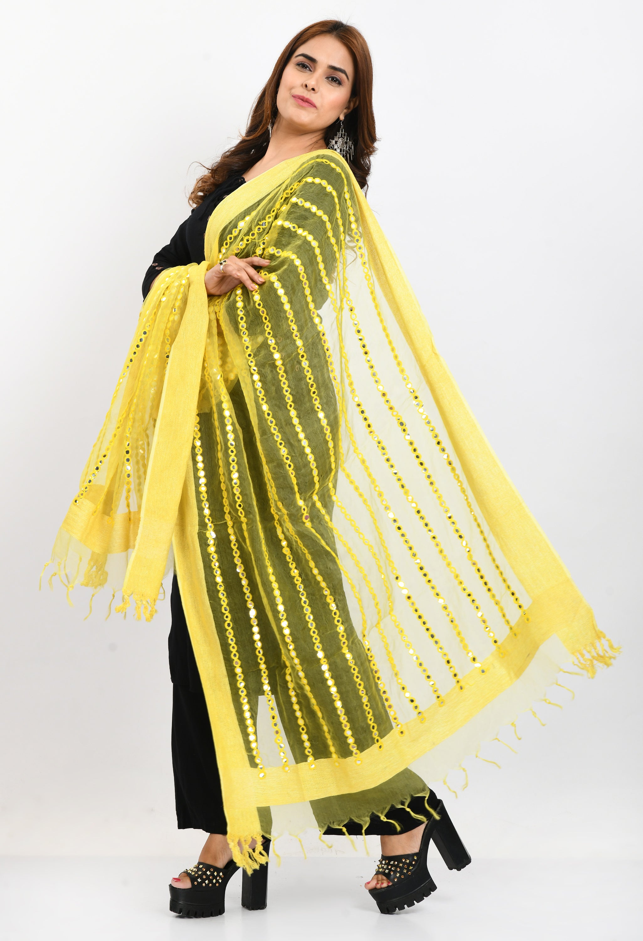 Women's Orgenza Mirror Stripe Thread Work Lemon Yellow Dupatta - Moeza
