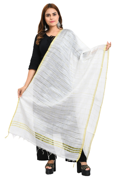 Women's Cotton Zari Box White Dupatta