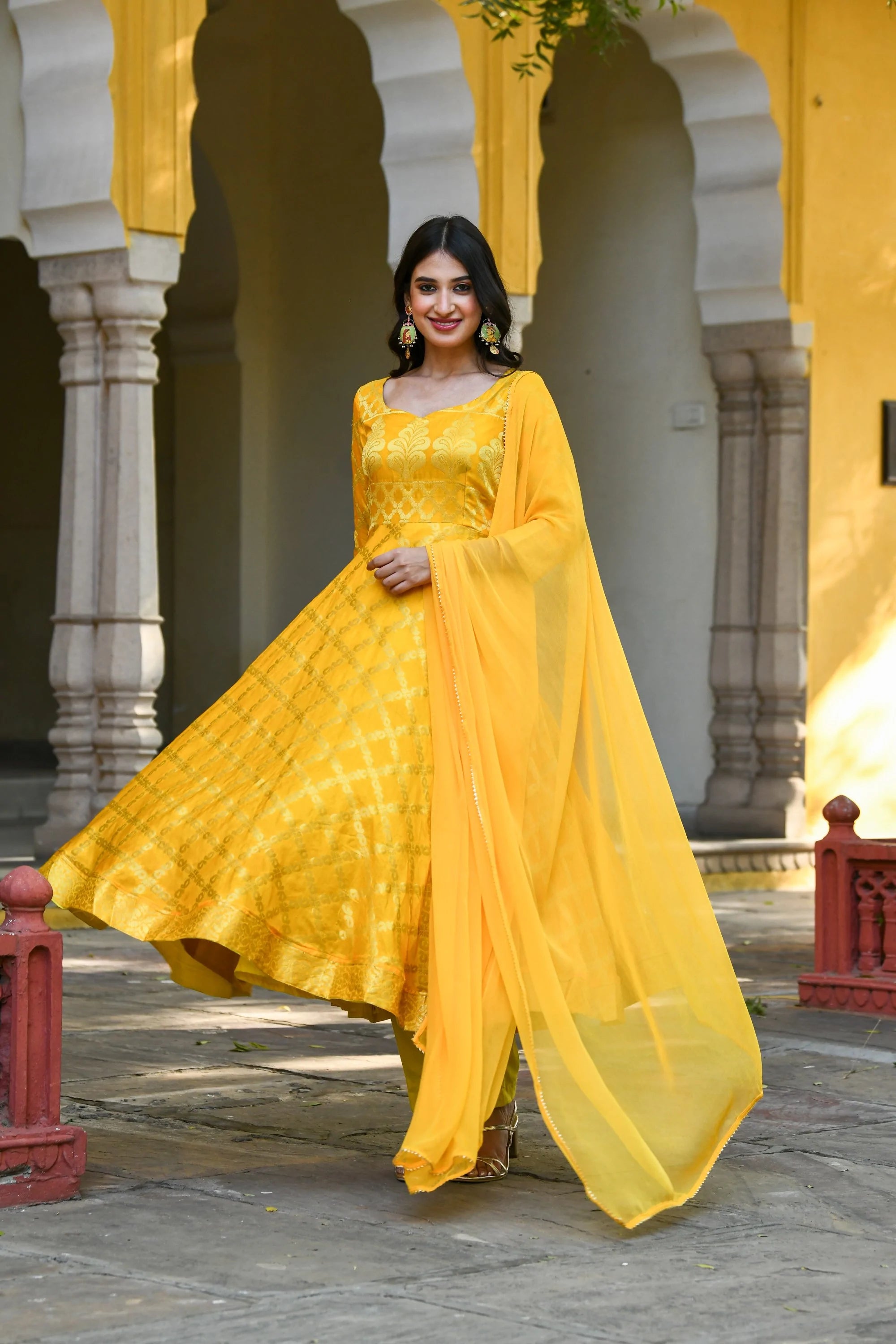Women's Yellow Anarkali Suit Set- (3Pcs) - Saras The Label