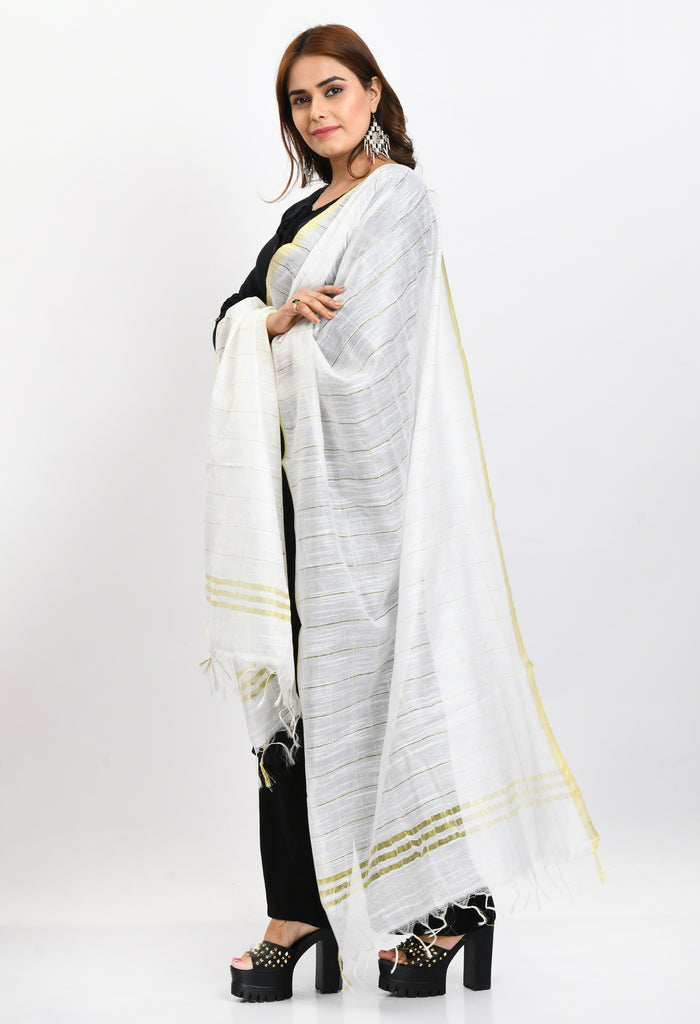 Women's Cotton Zari Box White Dupatta