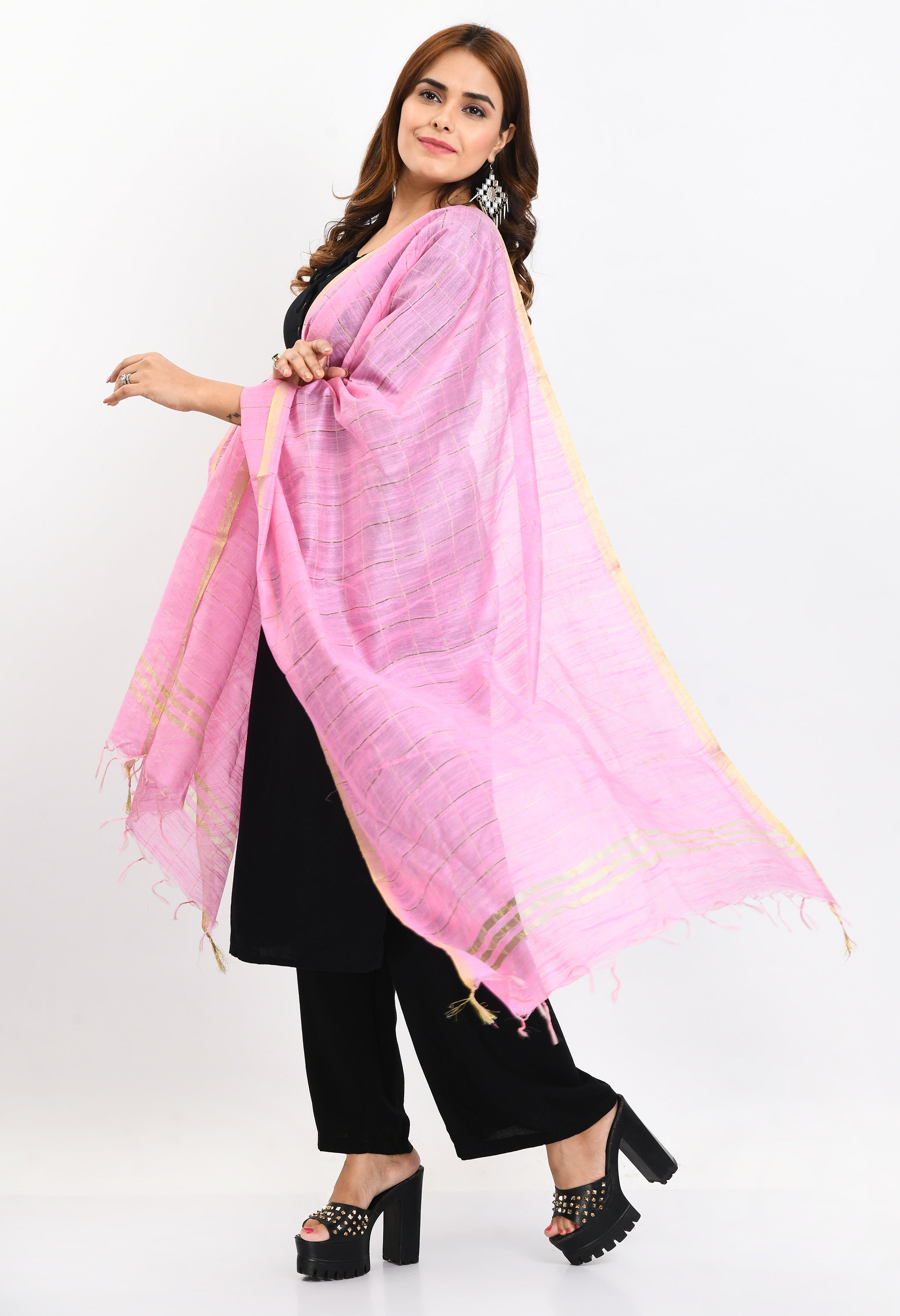 Women's Cotton Zari Box Baby Pink Dupatta - Moeza