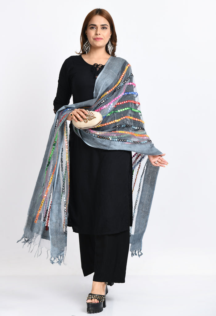 Women's Orgenza Multi Thread Mirror Work Grey Dupatta
