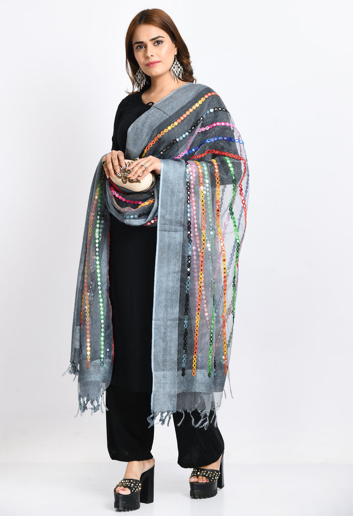 Women's Orgenza Multi Thread Mirror Work Grey Dupatta