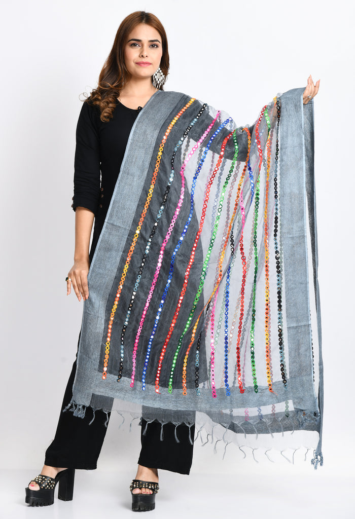 Women's Orgenza Multi Thread Mirror Work Grey Dupatta