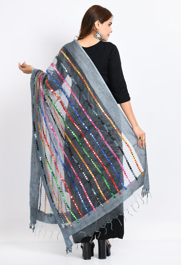 Women's Orgenza Multi Thread Mirror Work Grey Dupatta