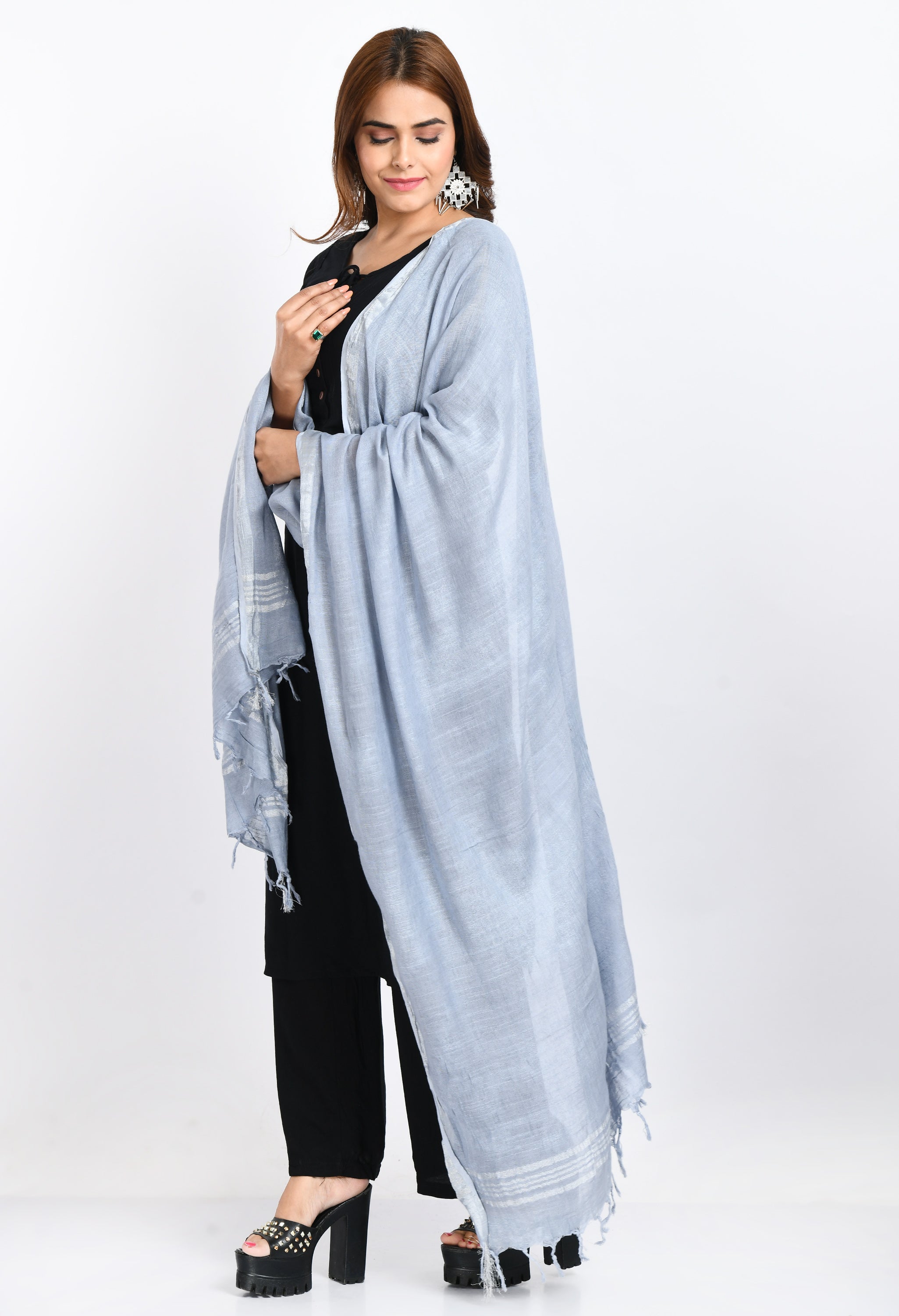 Women's Linen Cotton Silver Border Grey Dupatta - Moeza