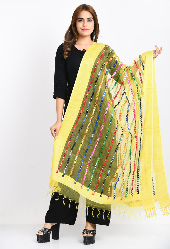 Women's Orgenza Multi Thread Mirror Work Lemon Yellow Dupatta