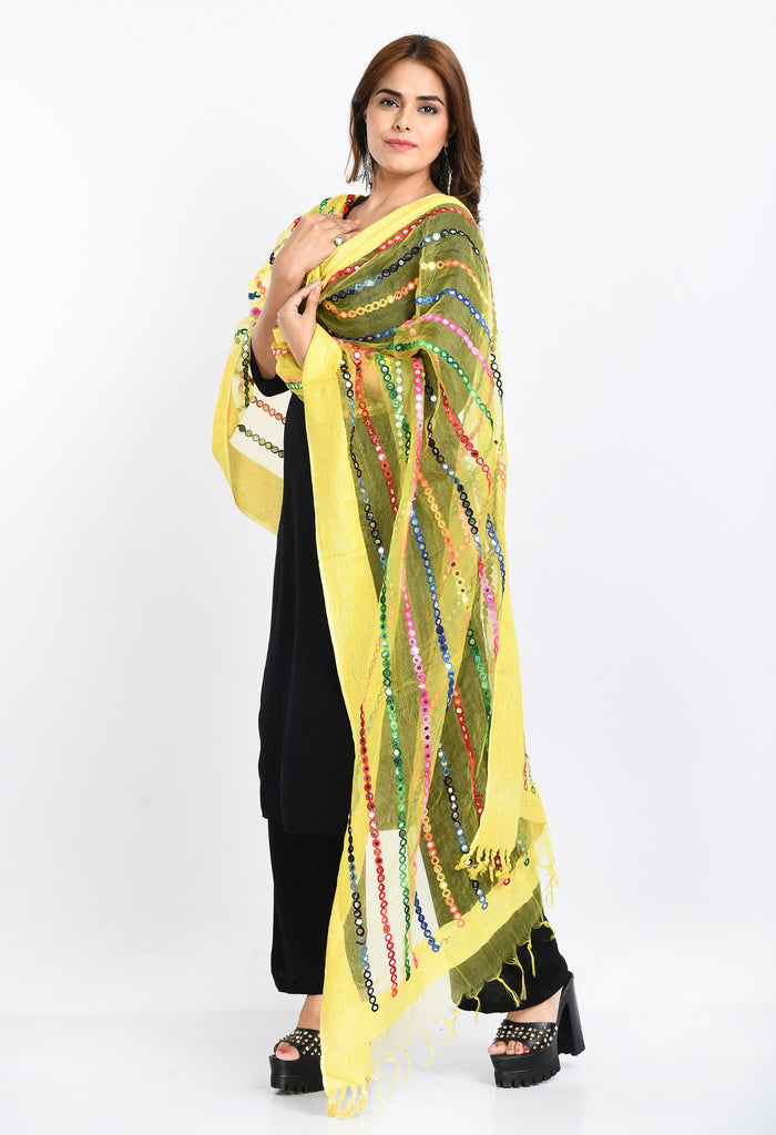 Women's Orgenza Multi Thread Mirror Work Lemon Yellow Dupatta